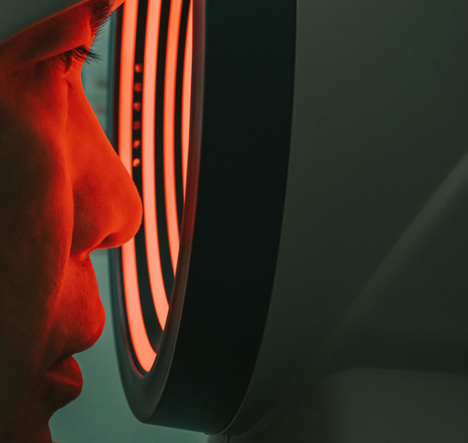 Person looking into red ring from a piece of medical machineary